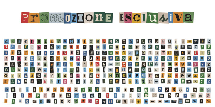 Alfabeto stile collage con scritta promozione esclusiva per marketing creativo