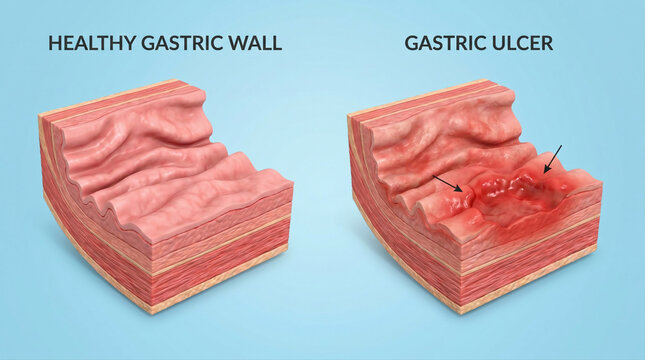 Gastric Ulcer Disease on Human Stomach Wall Anatomy