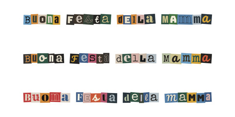 Naklejka premium Scritta Buona Festa della Mamma con lettere ritagliate da riviste in stile collage e anonimo