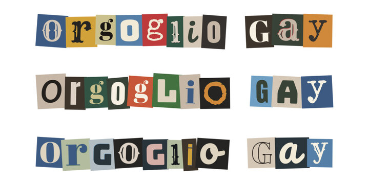 Scritta Orgoglio Gay in stile collage vintage per attivismo LGBTQ e diritti civili