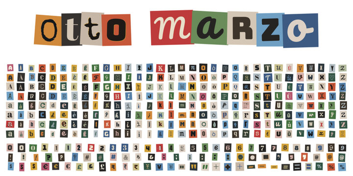 Alfabeto di lettere ritagliate stile collage per otto marzo festa della donna e scrapbooking creativo