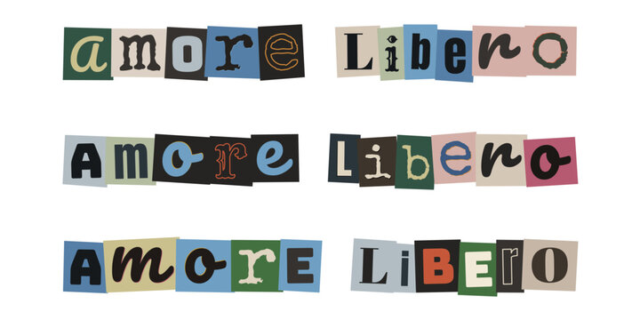 Scritta Amore Libero in stile collage di giornale per diritti LGBTQIA e inclusivit&agrave;