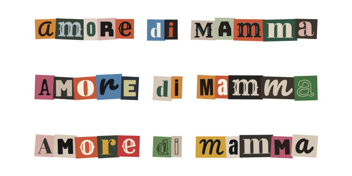 Scritta amore di mamma in stile collage con ritagli di giornale colorati per festa della mamma