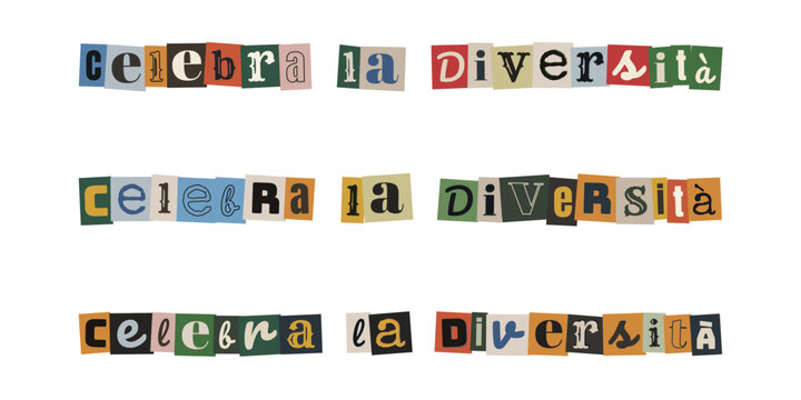 Celebra la diversit&agrave; scritta con lettere ritagliate stile collage per inclusione sociale