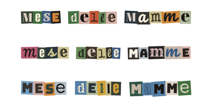 Scritta Mese delle Mamme in stile collage con lettere ritagliate da giornali vintage su sfondo bianco