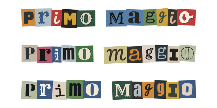 Scritta Primo Maggio in stile collage con lettere ritagliate per festa dei lavoratori e diritti