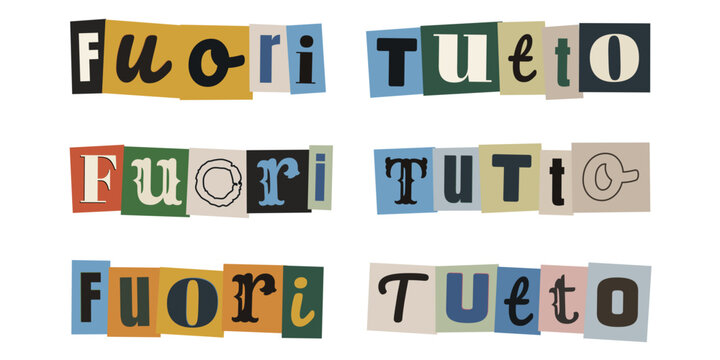 Scritta fuori tutto in stile collage con lettere ritagliate da giornali per saldi e liquidazione totale