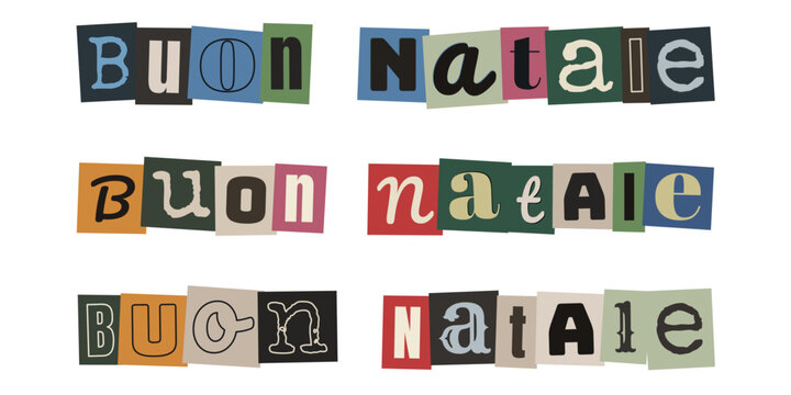Scritta Buon Natale stile lettera anonima ritagli di giornale colorati collage creativo per auguri
