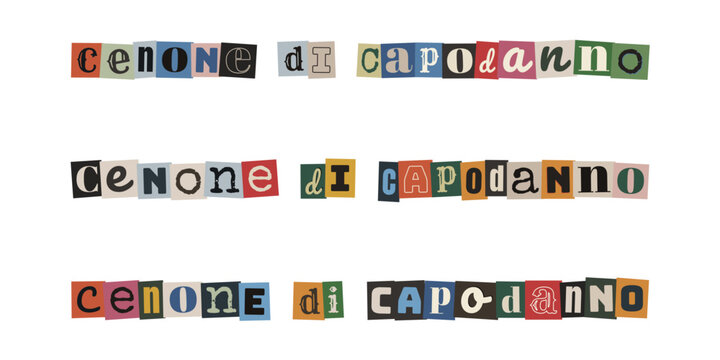 Scritta Cenone di Capodanno in stile collage di giornale ritagliato su sfondo bianco