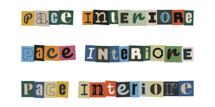 Pace interiore scritta con lettere ritagliate stile collage per benessere mentale e consapevolezza