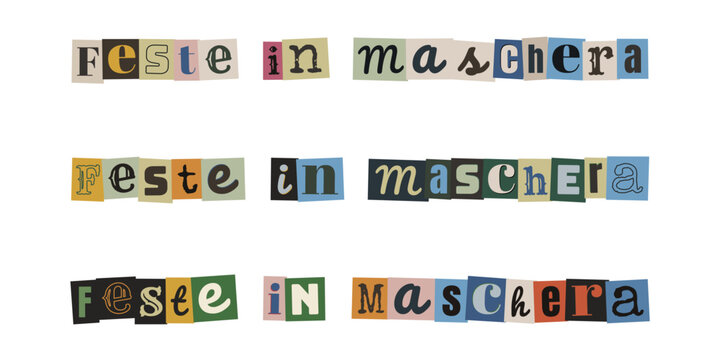 Scritta feste in maschera con lettere ritagliate stile lettera di riscatto per inviti e mistero