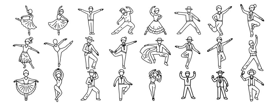 Dance line icon set. Vector of various people tango, jazz, samba, flamenco, disco ,traditional folk, dancing styles - ballet, salsa, hip-hop,  freestyle thin linear illustration.