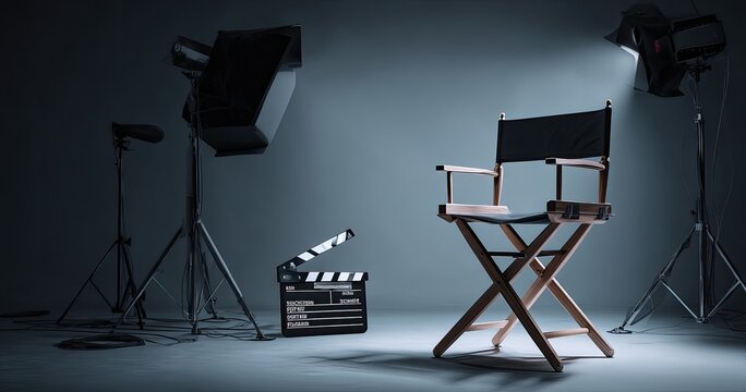 Empty film set with director's chair, clapperboard, and multiple professional lights