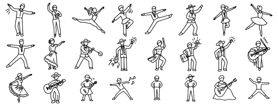 Dance line icon set. Vector of various people traditional folk, tango, jazz, samba,dancing styles - ballet, salsa, hip-hop,  flamenco, disco freestyle thin linear illustration.