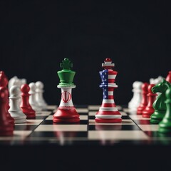 Naklejka premium Geopolitical Chess Match - Iran vs USA Kings on Board.