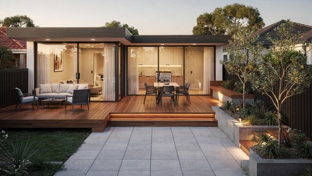 Melbourne modern house extension with timber deck and courtyard, contemporary Australian architecture, landscaped garden, residential renovation, luxury property and suburban home exterior