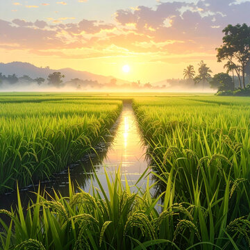 Rice field sunset