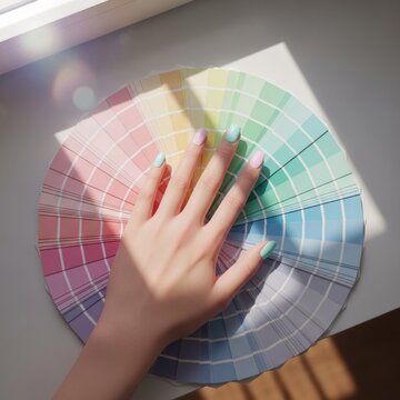 Hand touching a color wheel palette with soft light.