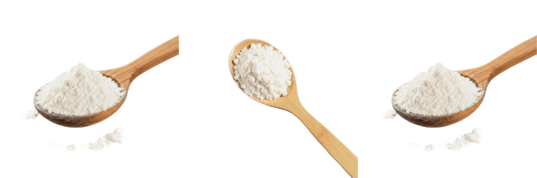Wooden spoon with white flour isolated on white background high quality transparent PNG food asset.