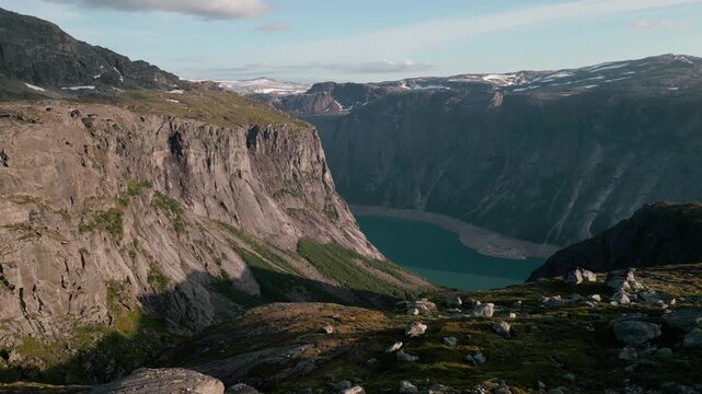 Nedra Bersavatnet lake on the trail to Trolltunga in Odda in Norway
