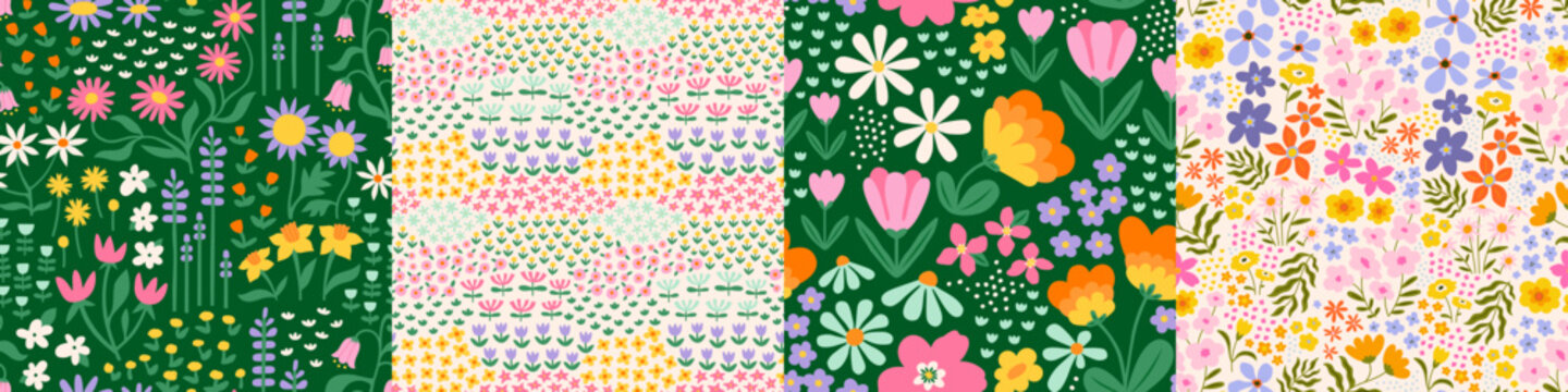 Colorful vintage flower garden art seamless pattern illustration set. Retro nature floral background in hand drawn style. Spring season decoration texture collection, nature textile drawing print.