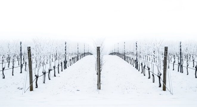 Vineyard rows covered in snow during winter. Frozen grape vines in a farm landscape. Quiet season in agriculture with cold weather and frost. Rural scenery for nature background.