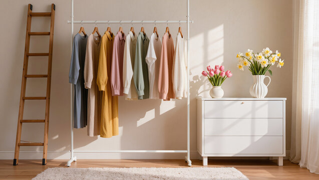 Minimalist Clothes Rack with Pastel Dresses and Spring Flowers in Sunny Room