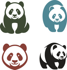 Obraz premium This image displays a collection of four stylized panda illustrations arranged in a grid. Each panda is rendered in a different visual style, ranging from minimal flat icons to more expressive mascot-