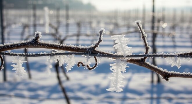 Frost on vineyard wire with branches covered in ice crystals. Winter season in wine farm landscape. Cold morning weather conditions for agriculture dormancy and nature background.