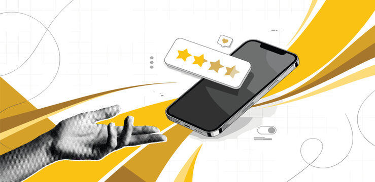 User feedback concept illustrated by a hand reaching towards a smartphone displaying a four-star rating, emphasizing digital customer satisfaction and online service reviews