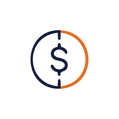 Fototapeta premium Split investment vector icon of a dollar sign in a divided circle representing portfolio diversification budget fund sharing and financial strategy