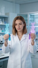 Fototapeta premium A female scientist in a lab coat holds up two test tubes with glowing DNA double helix structures in a medical research laboratory setting, surrounded by equipment and glassware.