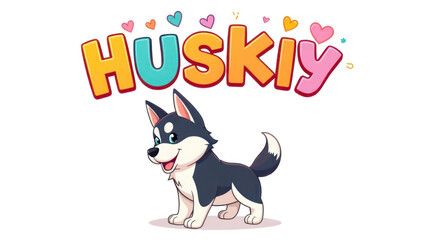 Fototapeta premium Husky Puppy Cartoon Illustration with Vibrant Colorful Text and Hearts