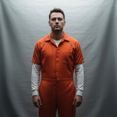 Obraz premium Man in Orange Jumpsuit Standing Against Grey Backdrop.