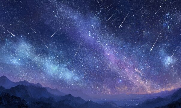 Vast cosmic night sky ablaze with countless stars and multiple streaks of shooting meteors over dark mountains