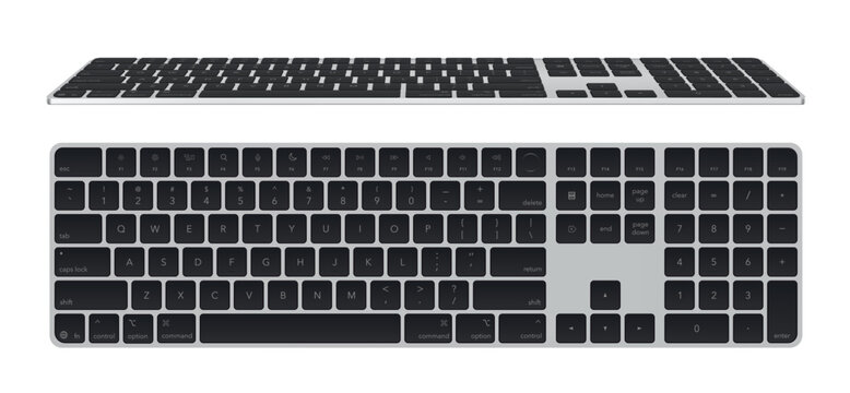Black and silver modern keyboard isolated on transparent background. Top and front view. Vector PNG