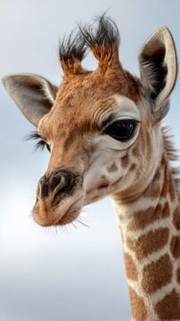 Young giraffe calf with distinctive ossicones and patterned coat, looking observing the scene, embodying nature's beauty and wildlife innocence