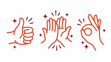 Obraz premium Red line art icons of thumbs up, high five and okay hand gestures with sparkles, perfect for social media engagement, positive feedback and approval graphics.