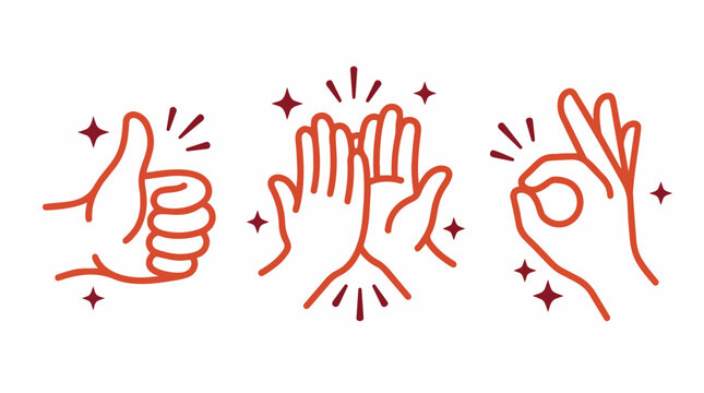 Red line art icons of thumbs up, high five and okay hand gestures with sparkles, perfect for social media engagement, positive feedback and approval graphics.