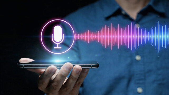 Person holding smartphone with glowing microphone icon and sound wave visualization