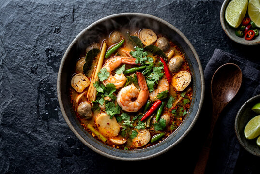 Spicy Thai Tom Yum Soup with Shrimp and Herbs Top View
