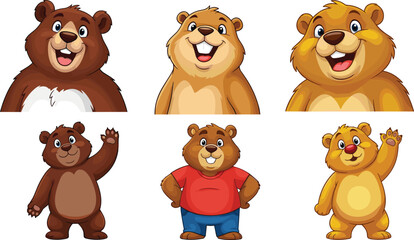 Vector Set of 6 Adorable Cartoon Bears with Different Expressions, Poses, and Outfits, Perfect for Children’s Illustrations, Animal Designs, and Fun Graphics © Abul