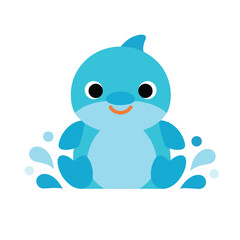 Obraz premium This vector features a cute, blue cartoon shark character with large eyes and a friendly smile, sitting playfully amidst splashing water droplets.