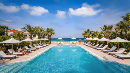 Obraz premium Luxury Resort Pool by Ocean with Palm Trees and Beach Umbrellas