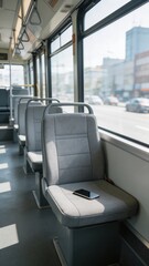 Naklejka premium A photo of the inside of a bus with vacant seats and a cell phone on one seat, looking out the window at a city street with cars and buildings passing by.