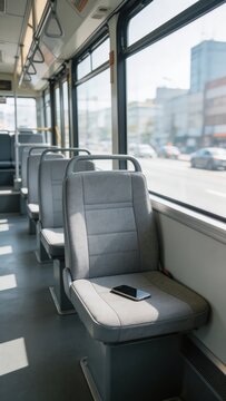 A photo of the inside of a bus with vacant seats and a cell phone on one seat, looking out the window at a city street with cars and buildings passing by.