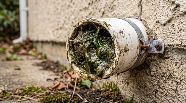 A white pipe is clogged with green algae, blocking water flow. Surrounding foliage and gravel add to the scene&rsquo;s natural details.