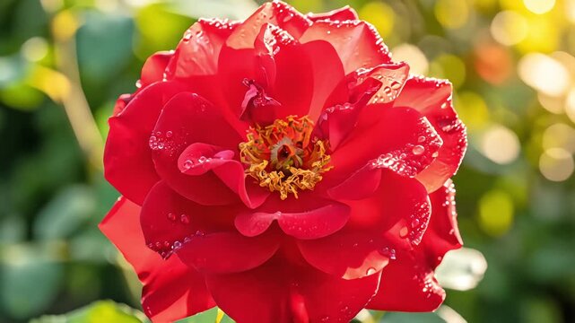 Timelapse close up of a beautiful red rose blooming. Dew drops on petals shimmer in the sunlight as the flower bud opens to reveal yellow stamens against a green bokeh background.