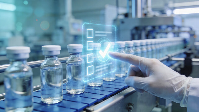 Pharmaceutical production line with quality control check on digital interface
