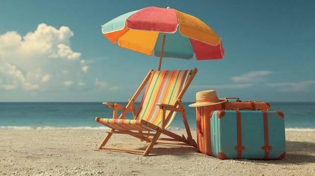 Beach chair umbrella and suitcases on sand by ocean